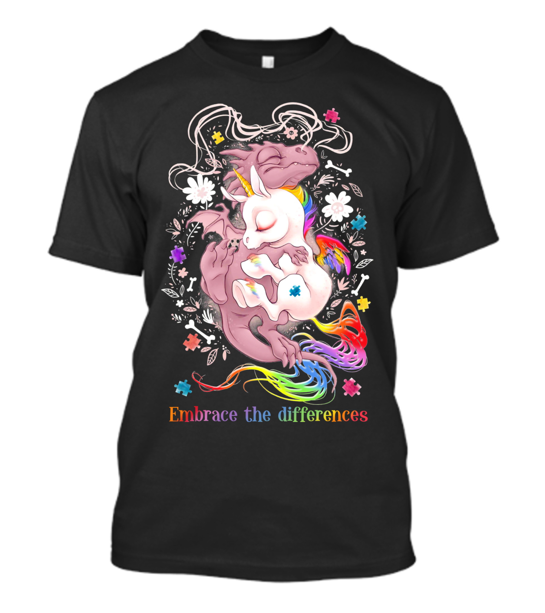 Embrace The Differences Unicorn And Dragon Rainbow Puzzle Flowers T-Shirt