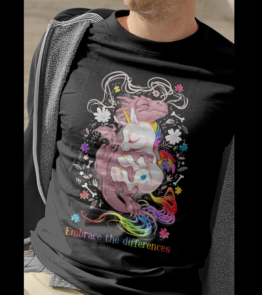 Embrace The Differences Unicorn And Dragon Rainbow Puzzle Flowers T-Shirt