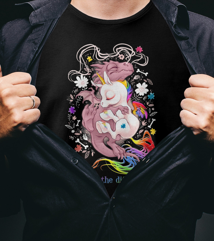 Embrace The Differences Unicorn And Dragon Rainbow Puzzle Flowers T-Shirt