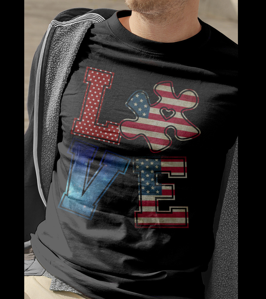 Love Needs No Words Galaxy Stars And Stripes Puzzle Piece T-Shirt