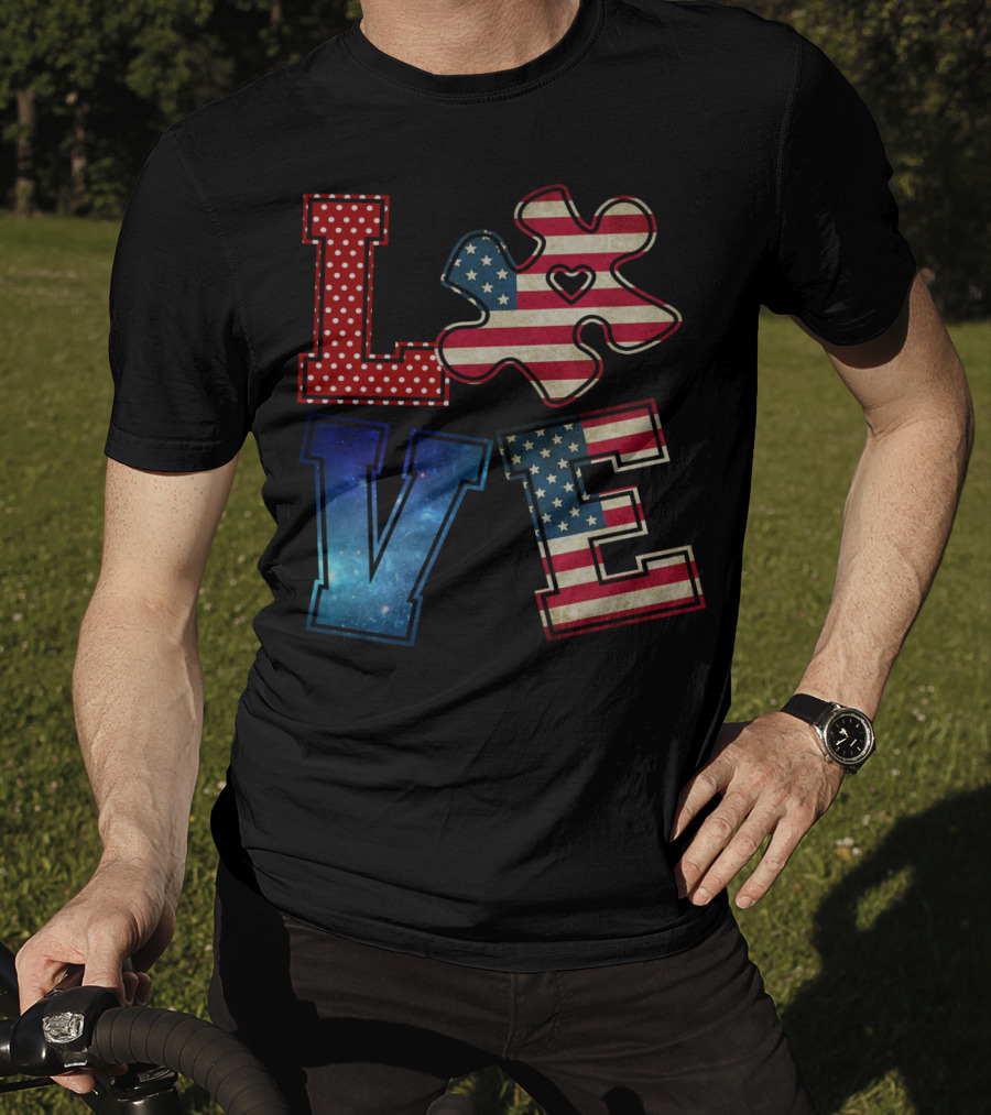 Love Needs No Words Galaxy Stars And Stripes Puzzle Piece T-Shirt