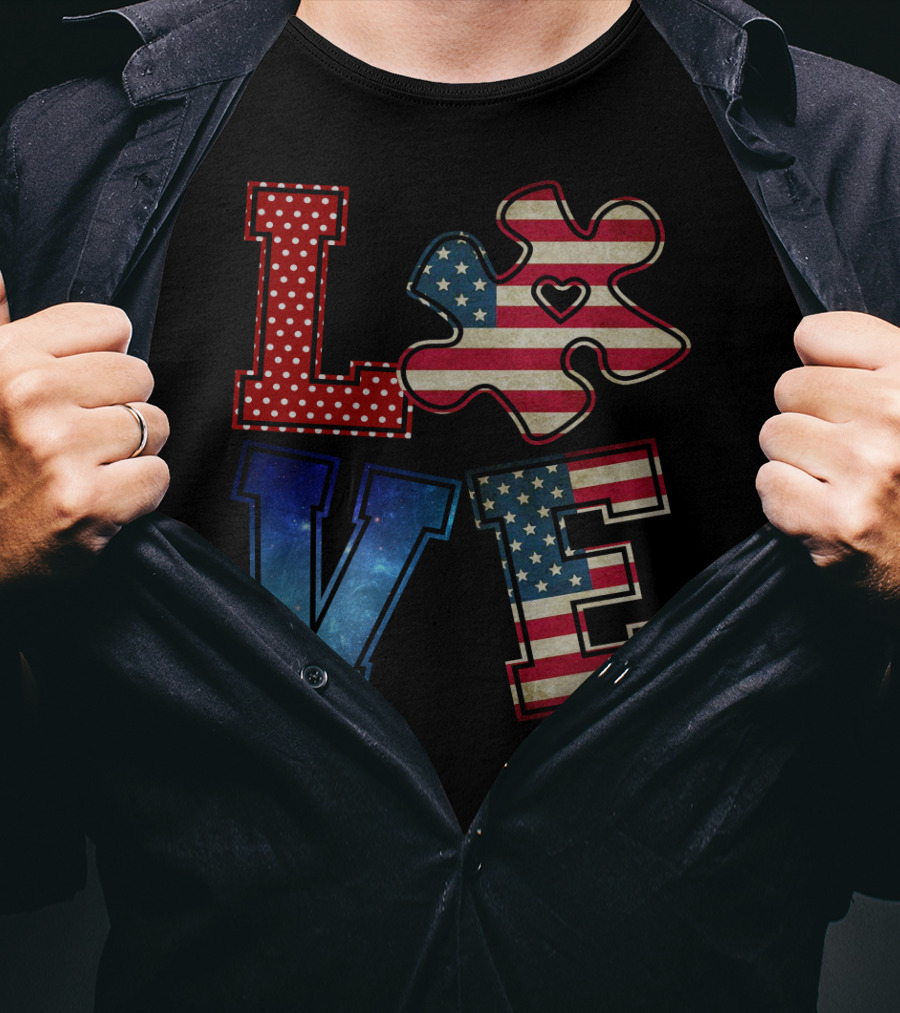 Love Needs No Words Galaxy Stars And Stripes Puzzle Piece T-Shirt
