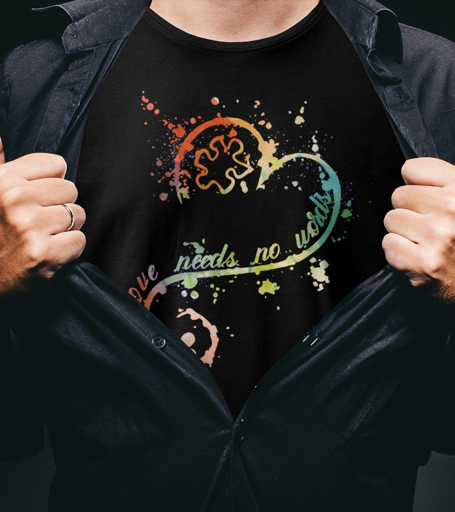 Love Needs No Words Rainbow Infinity Symbol Multicolored Splatter Effect T-Shirt