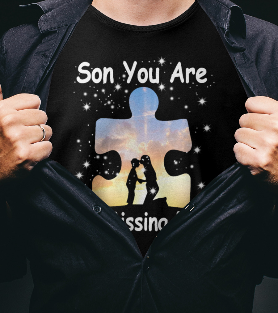 Son You Are My Missing Piece Puzzle Silhouette With Starry Sky And Sunset Scene T-Shirt
