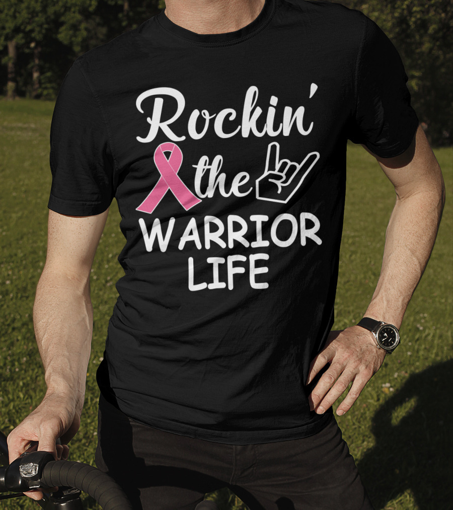 Rockin' The Warrior Life Pink Ribbon Rock Hand T-Shirt