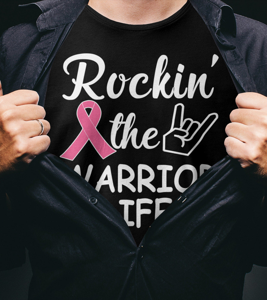 Rockin' The Warrior Life Pink Ribbon Rock Hand T-Shirt