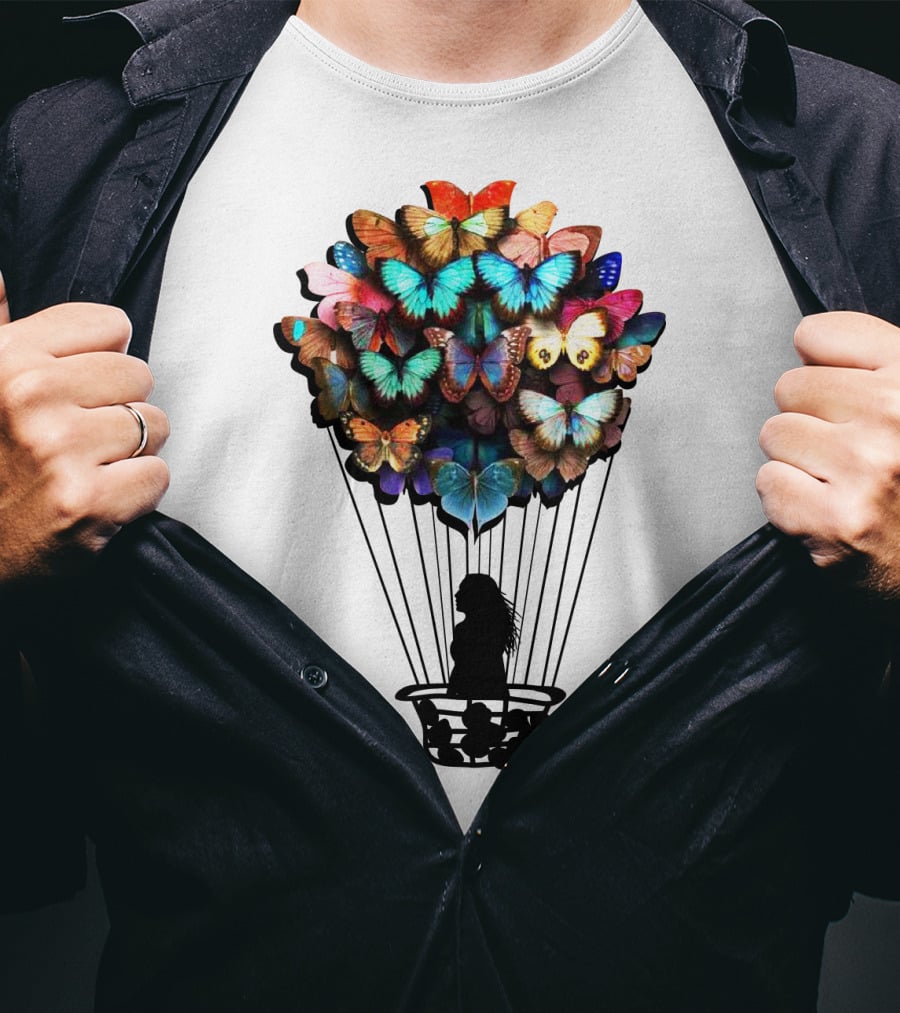 Butterfly BU01 Hot Air Balloon Silhouette With Colorful Wings T-Shirt