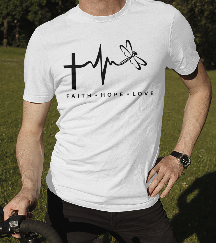 Faith Hope Love Cross Heartbeat Dragonfly T-Shirt
