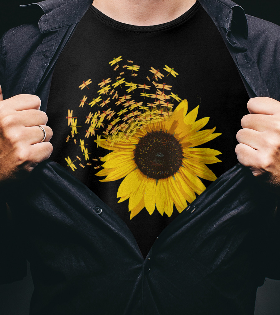 Sunflower Burst With Dragonflies Spiral T-Shirt