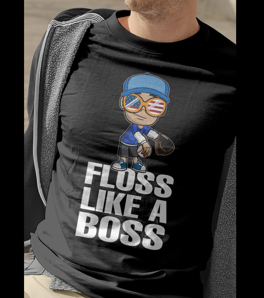 Floss Like A Boss Baseball Player American Flag Sunglasses T-Shirt