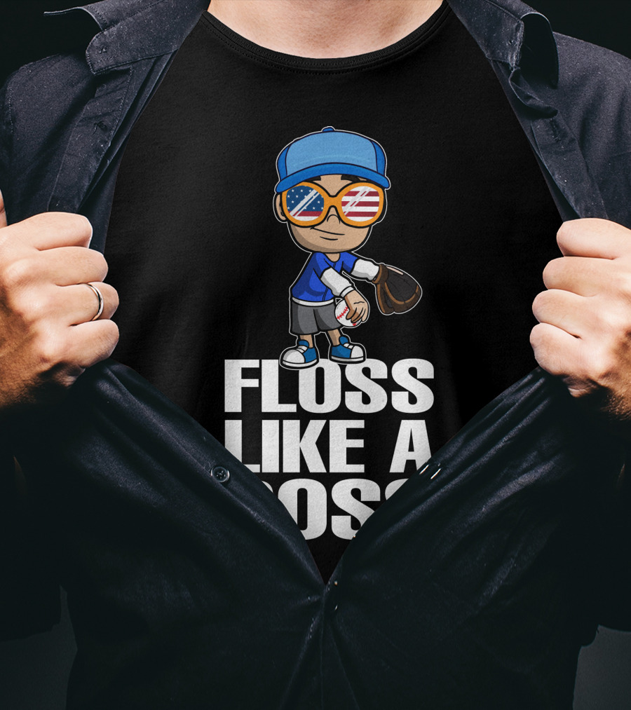 Floss Like A Boss Baseball Player American Flag Sunglasses T-Shirt