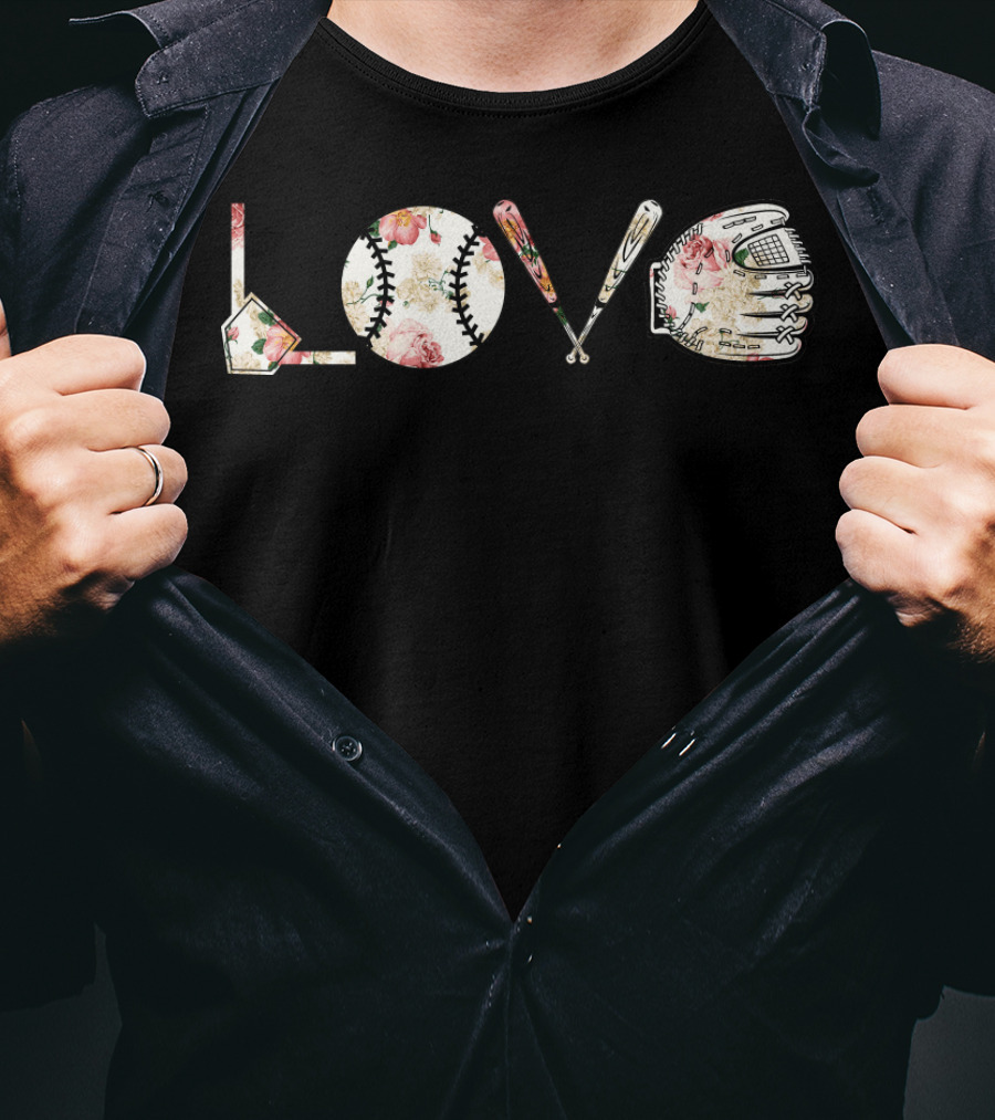 Love Baseball Floral Bat Glove Home Plate T-Shirt