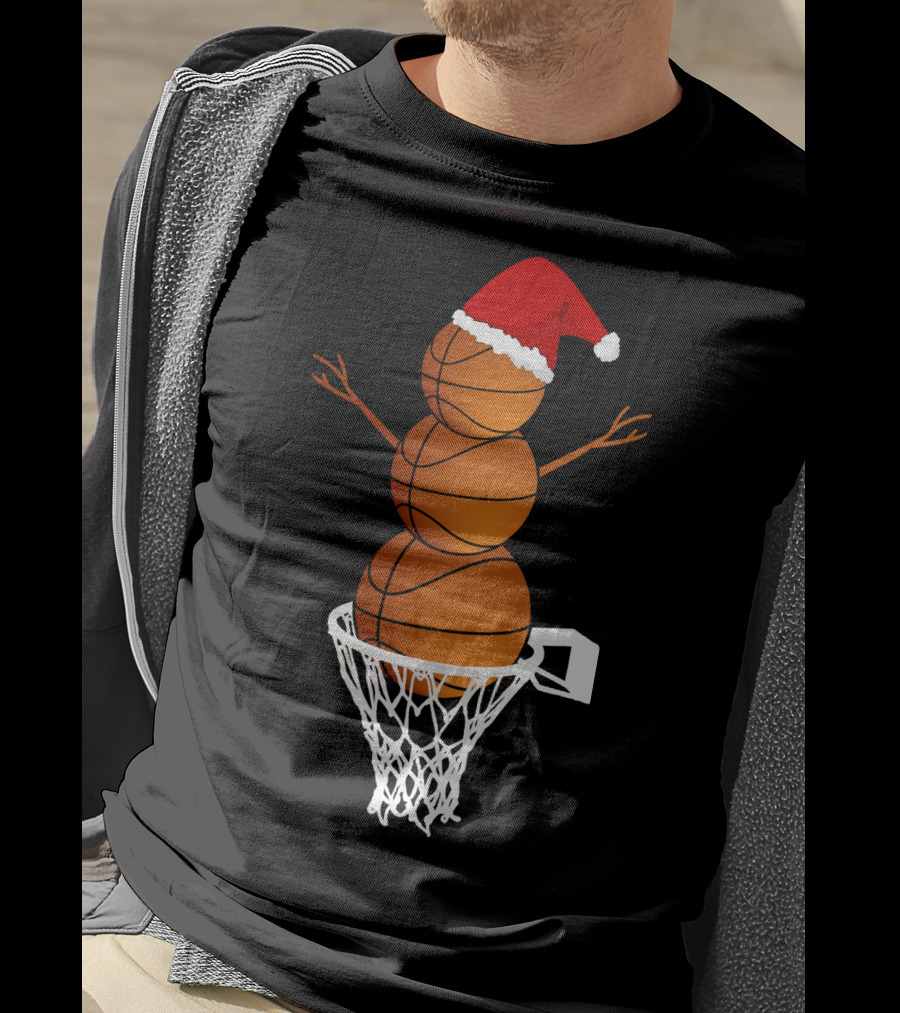 Basketball Snowman With Santa Hat In Hoop T-Shirt