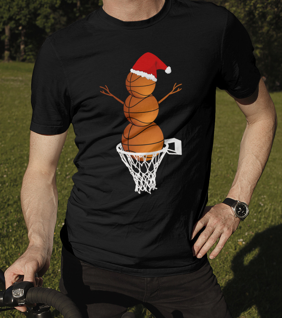 Basketball Snowman With Santa Hat In Hoop T-Shirt