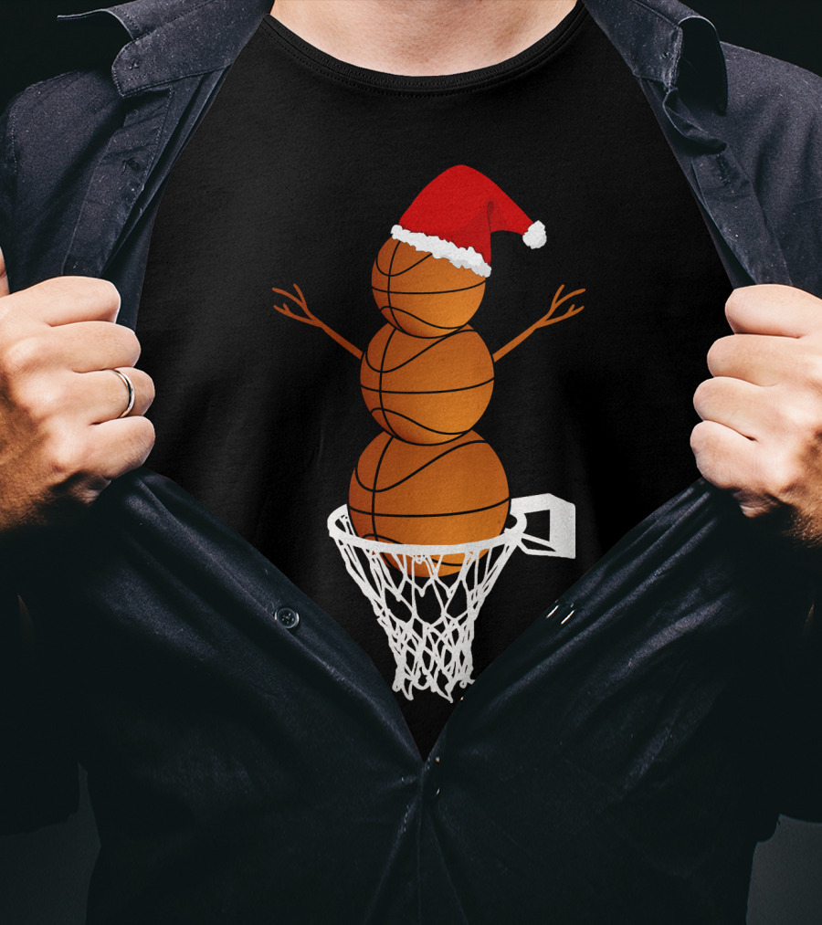 Basketball Snowman With Santa Hat In Hoop T-Shirt