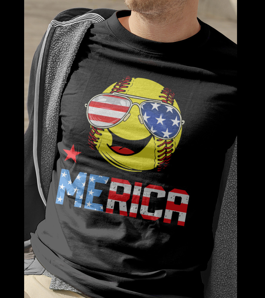 Softball MERICA Smiling Baseball With American Flag Sunglasses T-Shirt