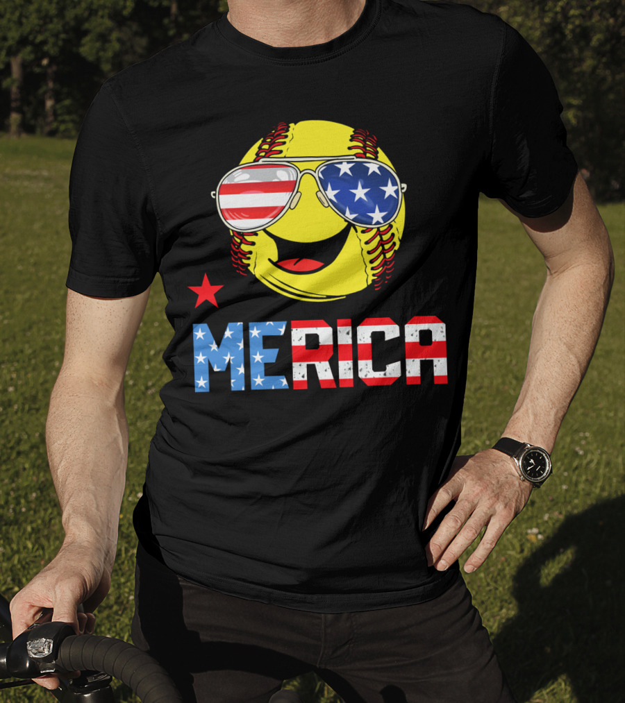 Softball MERICA Smiling Baseball With American Flag Sunglasses T-Shirt