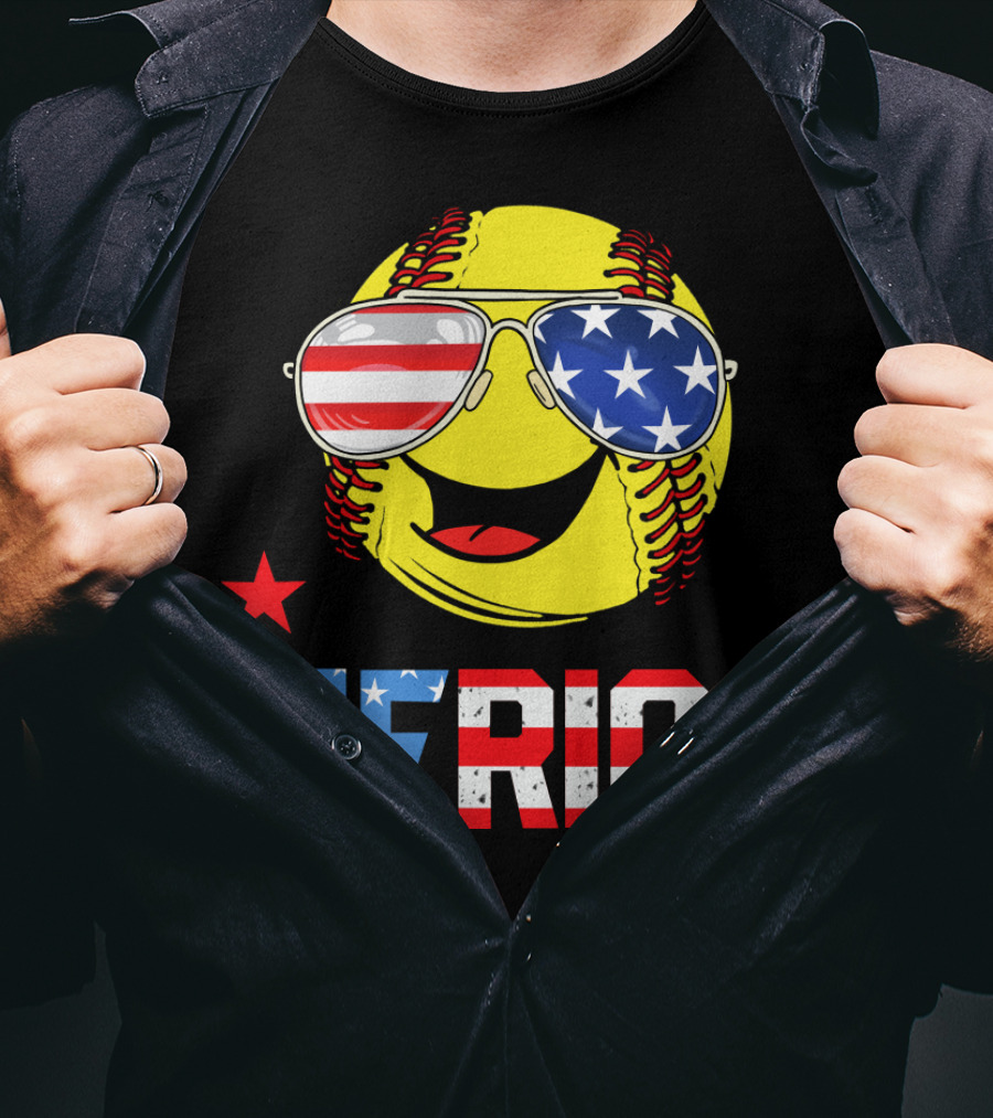 Softball MERICA Smiling Baseball With American Flag Sunglasses T-Shirt