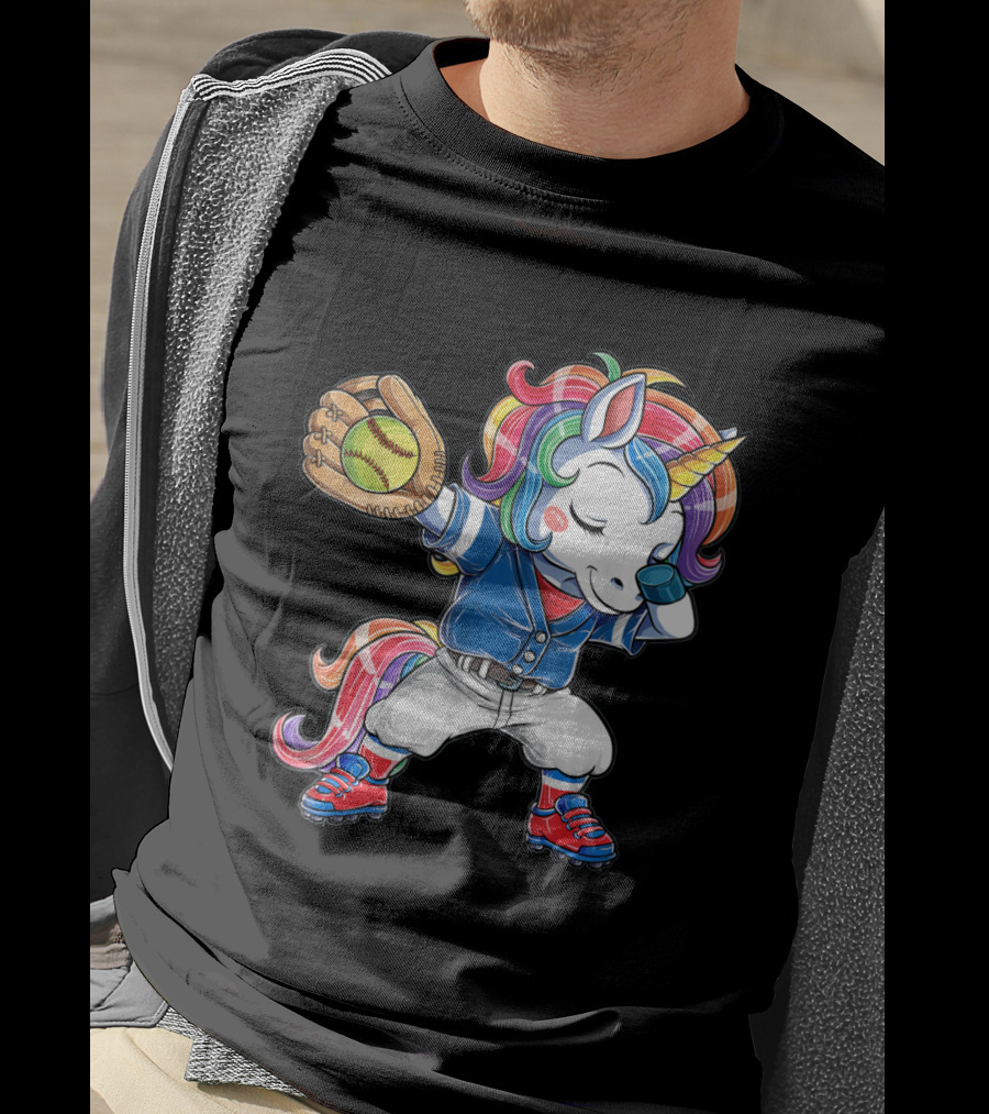 Unicorn Dabbing Rainbow Softball Player Catching Glove T-Shirt