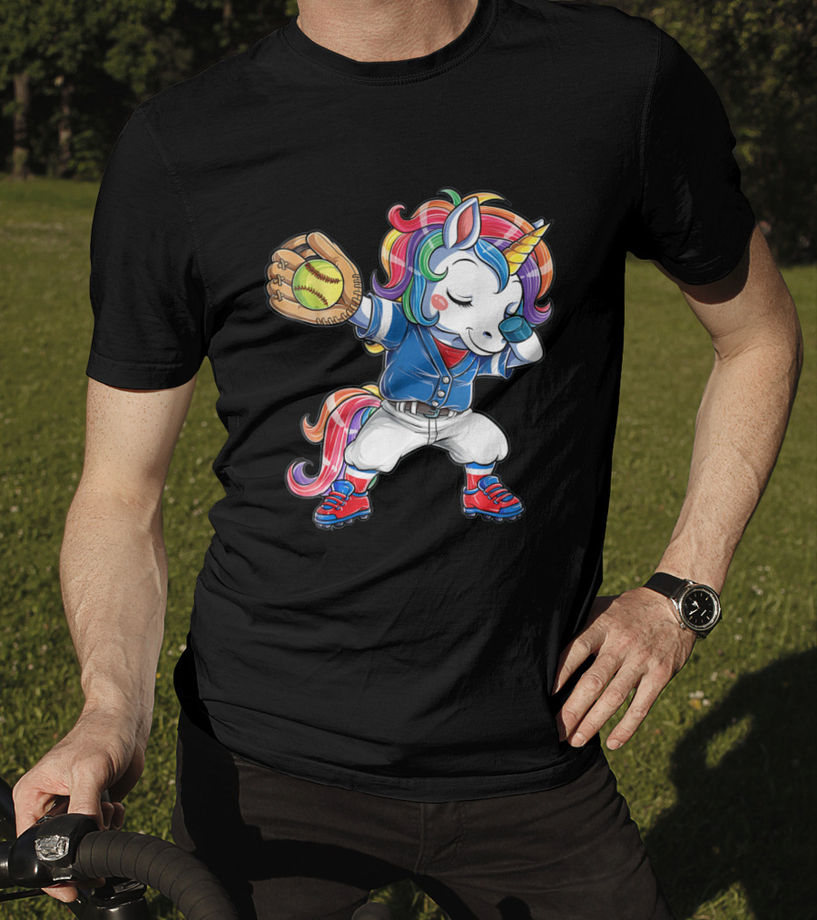 Unicorn Dabbing Rainbow Softball Player Catching Glove T-Shirt