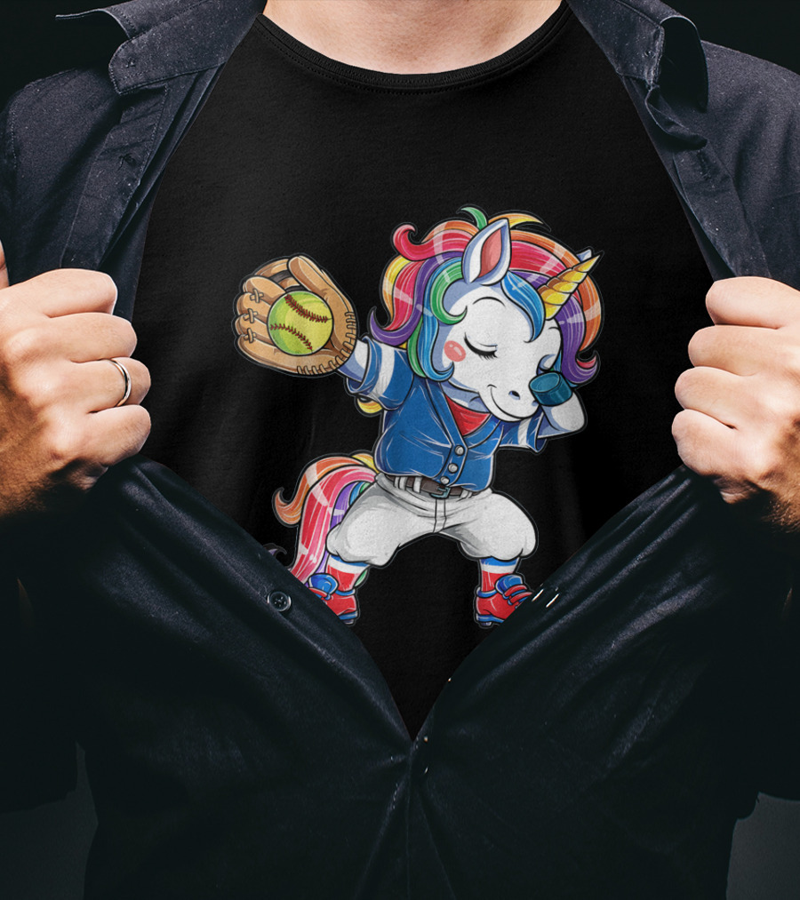 Unicorn Dabbing Rainbow Softball Player Catching Glove T-Shirt