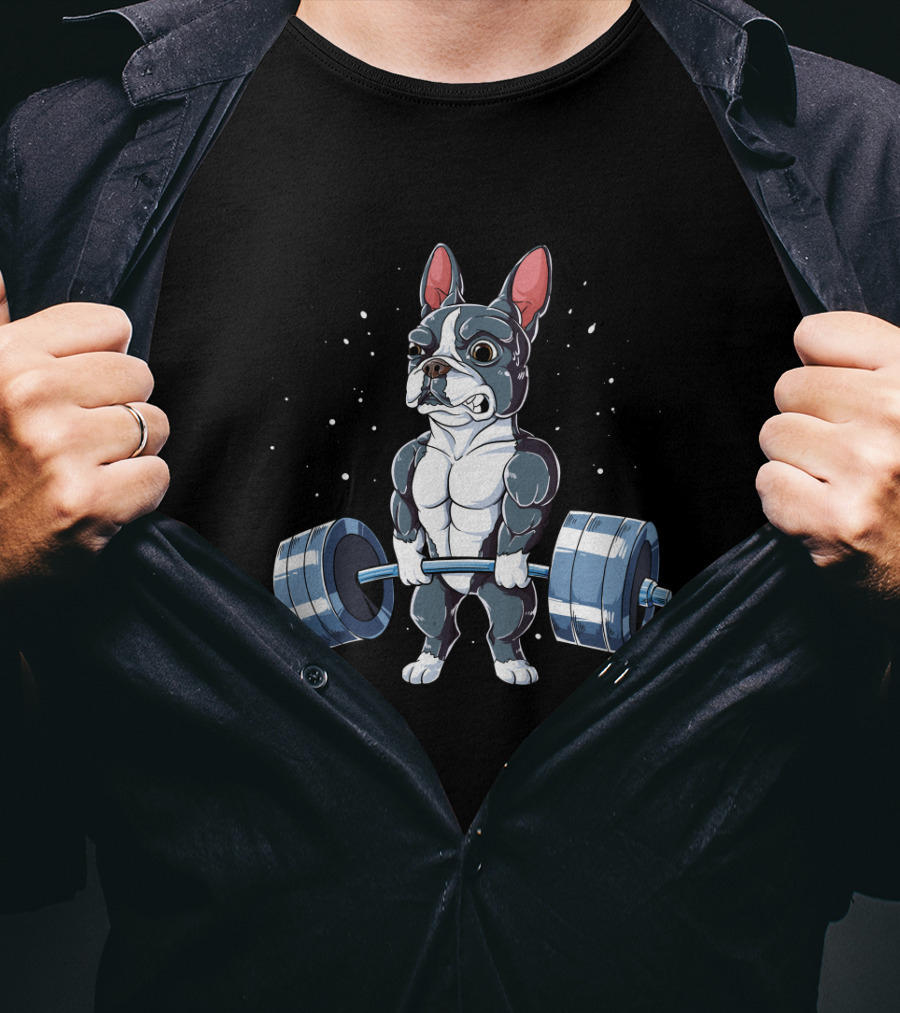 Weight Lifting Boston Terrier With Barbell T-Shirt