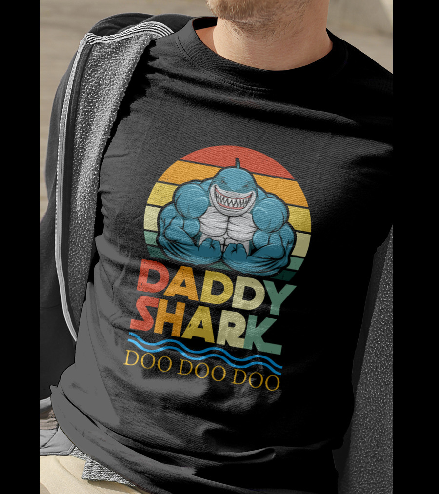 Daddy Shark Doo Doo Doo Retro Weight Lifting Shark T-Shirt