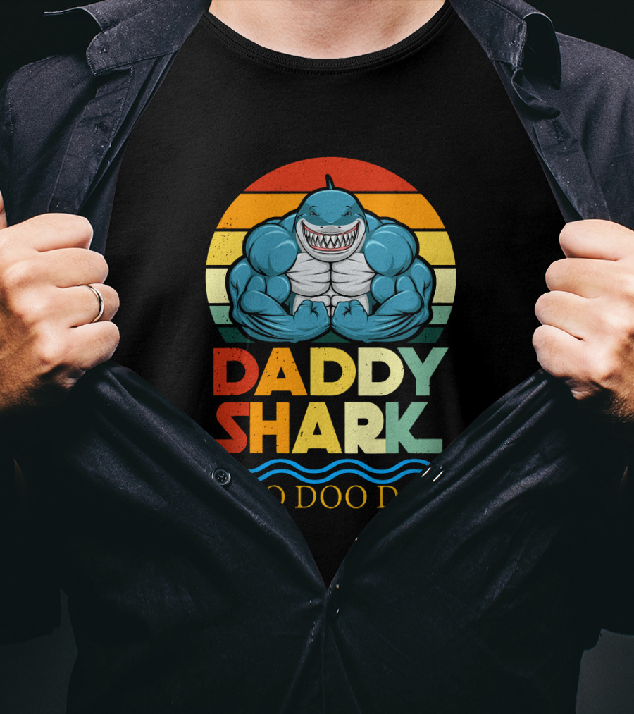 Daddy Shark Doo Doo Doo Retro Weight Lifting Shark T-Shirt