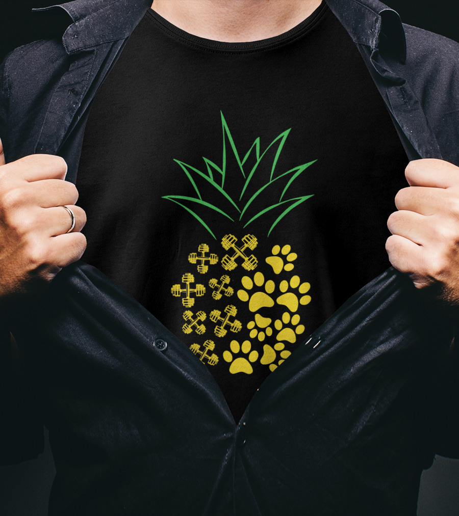 Weight Lifting Pineapple With Dumbbells And Paw Prints T-Shirt