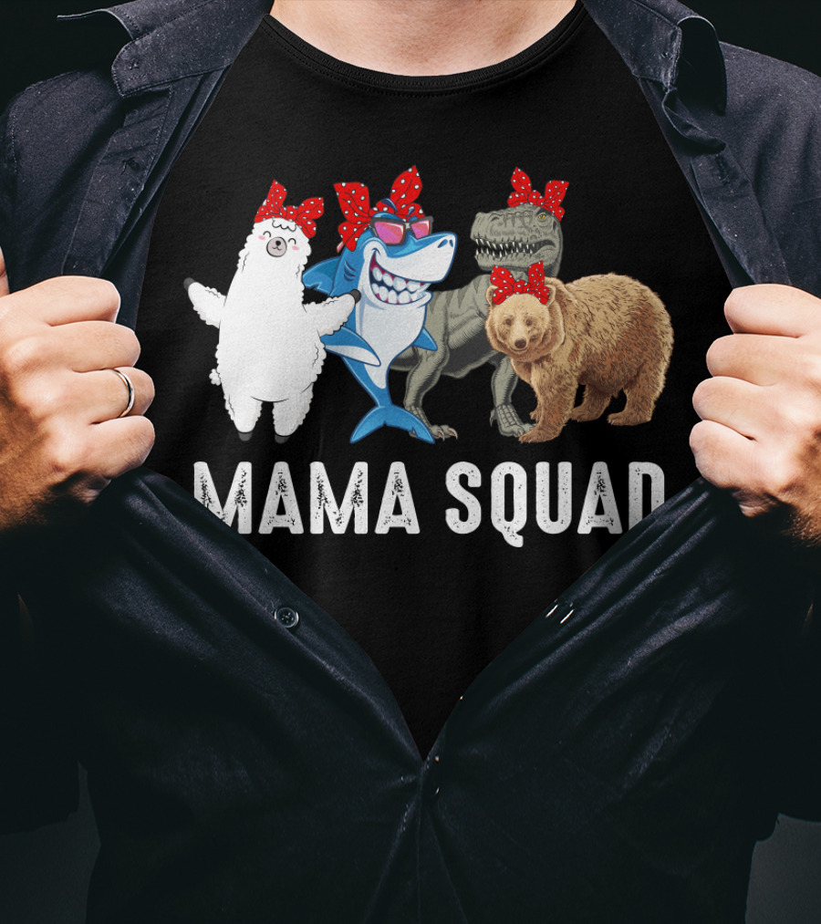 Mama Squad Llama Shark T-Rex Bear Red Bandana T-Shirt