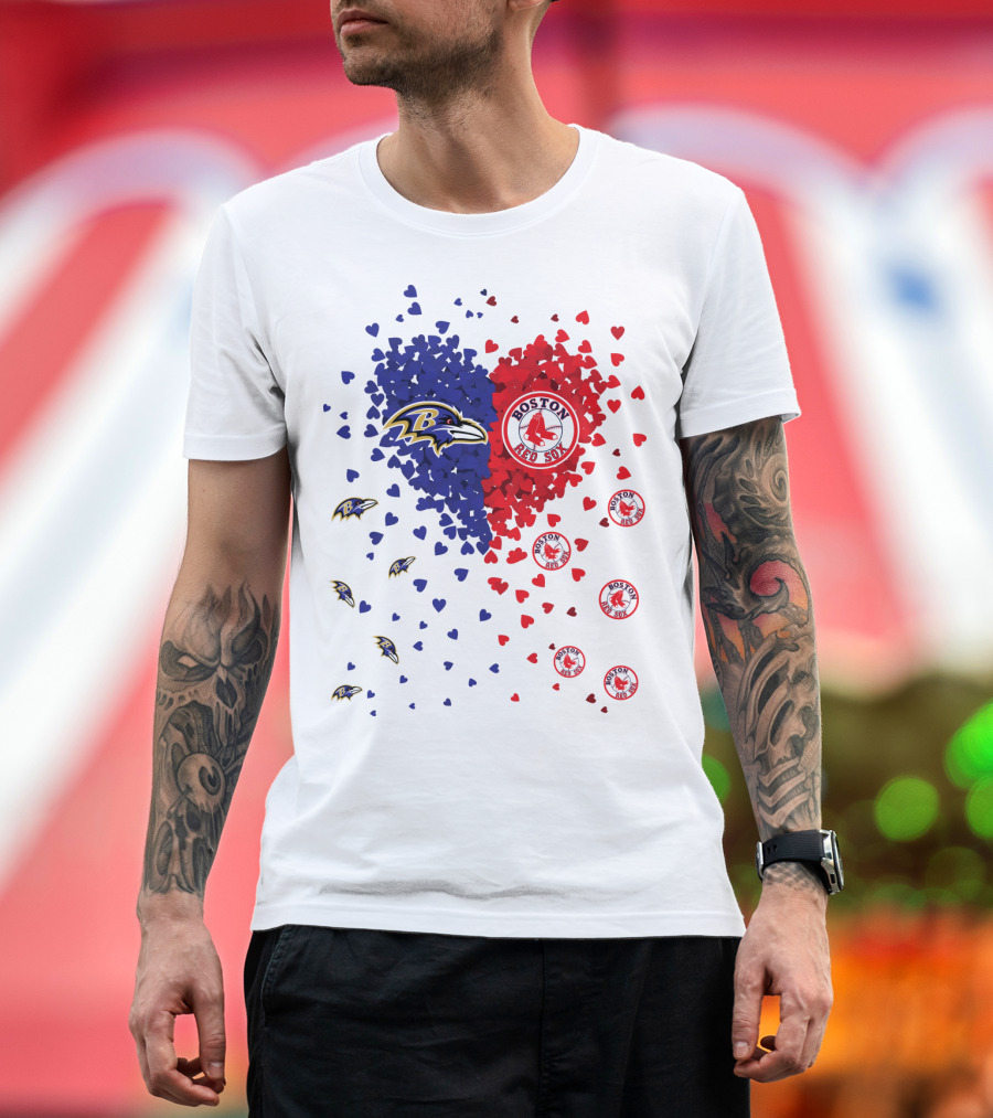 Baltimore Ravens Heart with Boston Red Sox Logo Hearts T-Shirt
