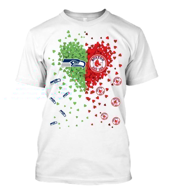 Seahawks And Boston Red Sox Heart Design With Logos And Symbols T-Shirt