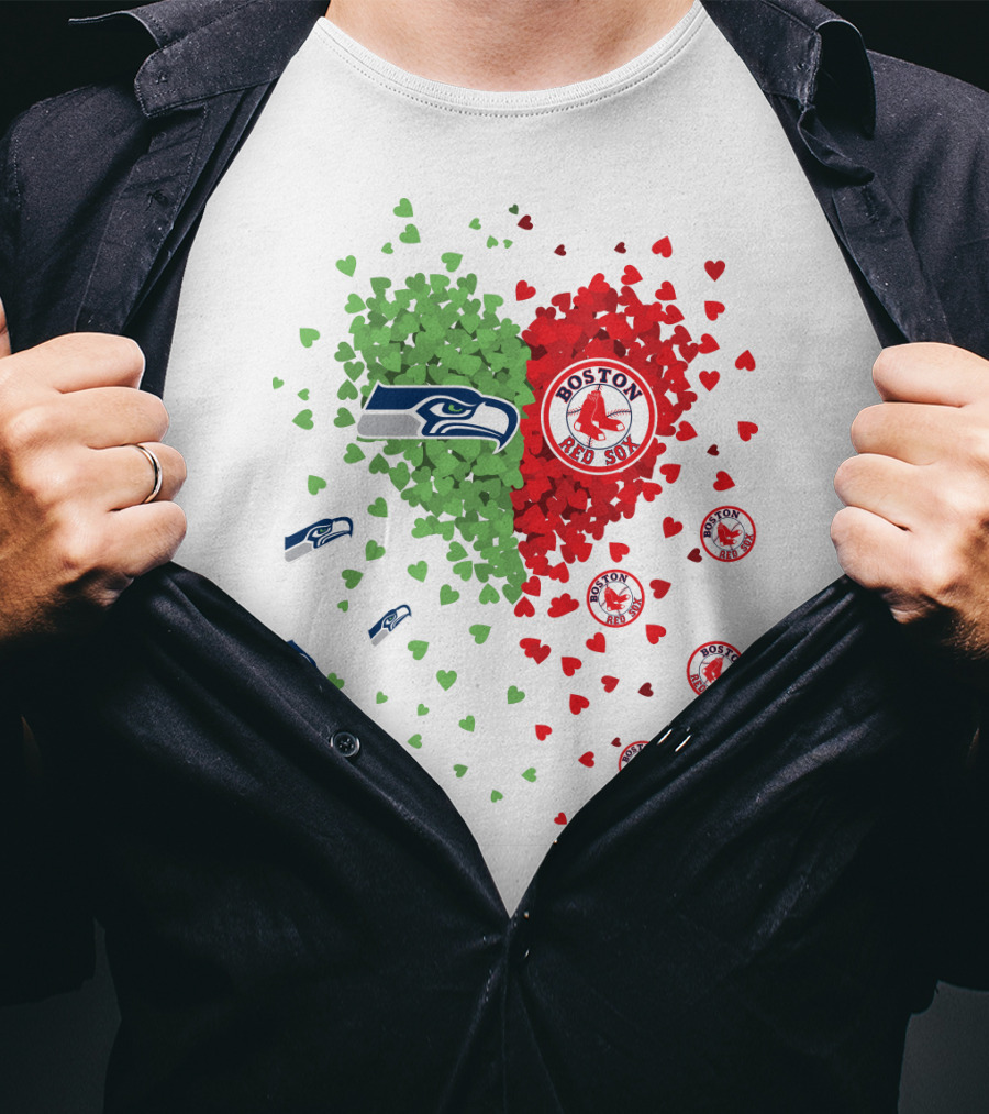 Seahawks And Boston Red Sox Heart Design With Logos And Symbols T-Shirt