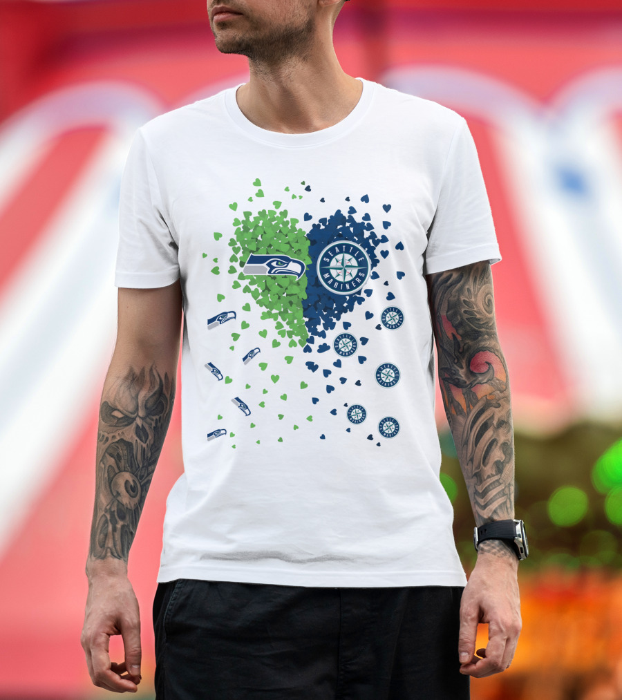 Seahawks Mariners Heart Design with Logos and Hearts T-Shirt