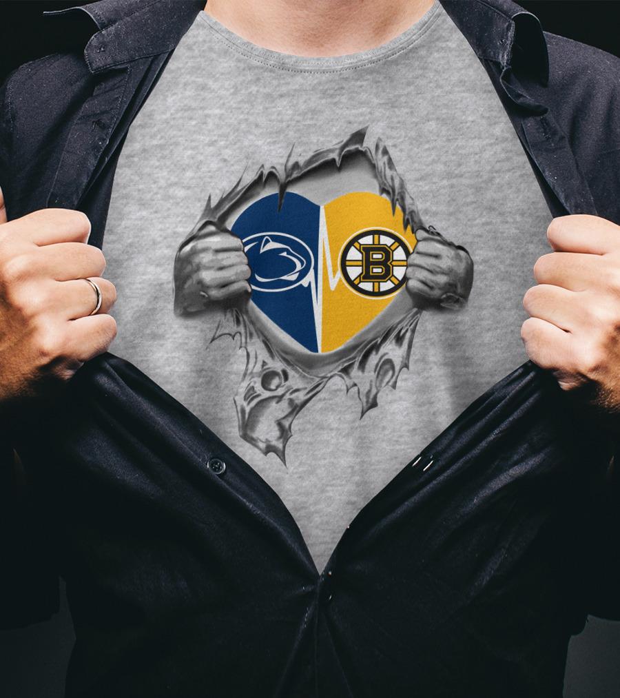Boston Bruins Penn State Heart Design With Split Logos And Ripped Background T-Shirt
