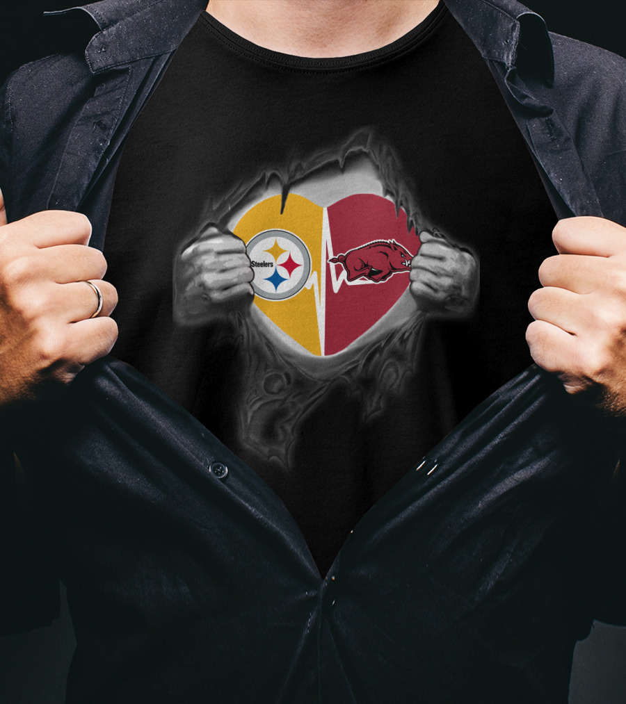 Pittsburgh Steelers Arkansas Razorbacks Heart Logo Fan Crossover T-Shirt