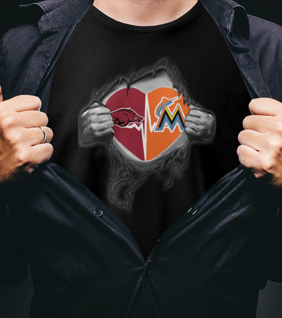 Arkansas Razorbacks Miami Marlins Heart Rip T-Shirt