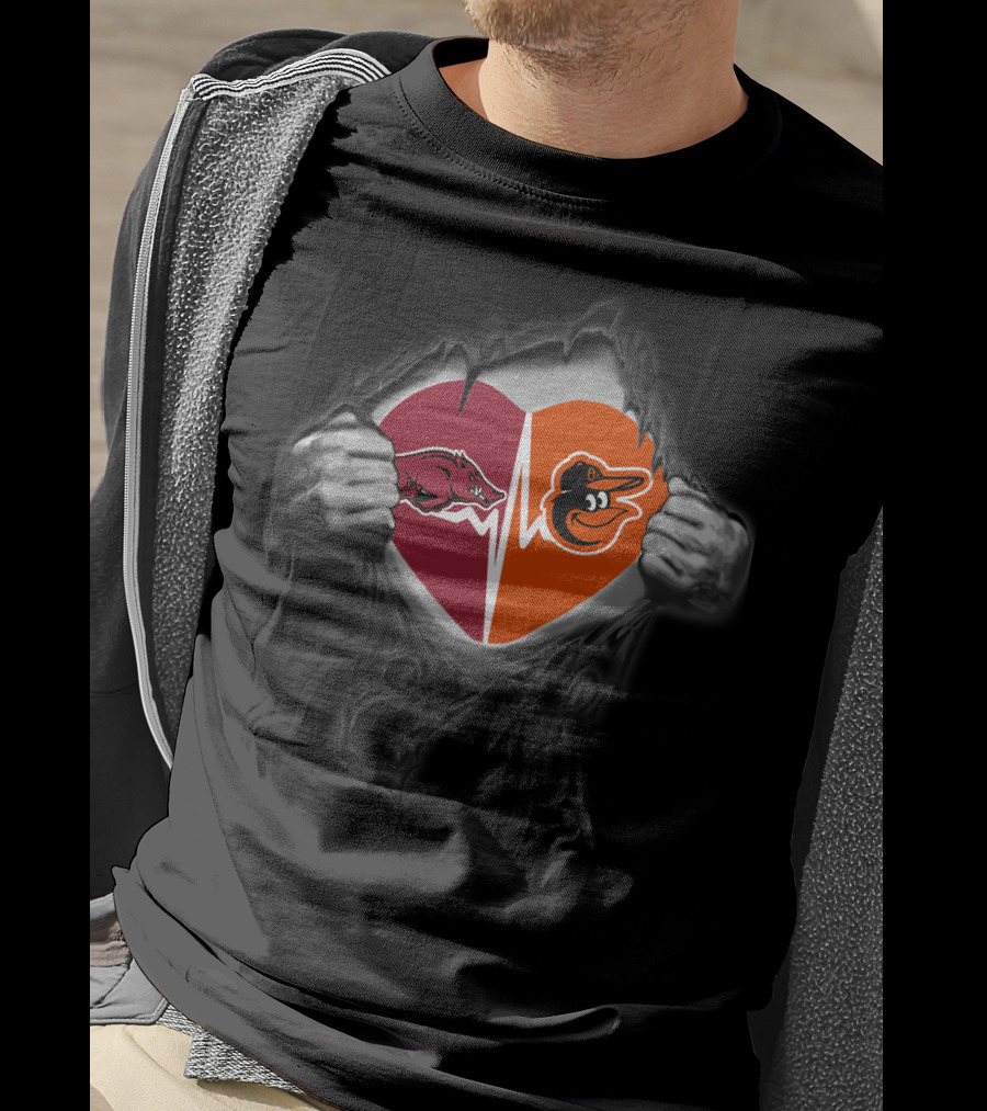 Arkansas Razorbacks Baltimore Orioles Heart Logos Pulled Open By Hands T-Shirt