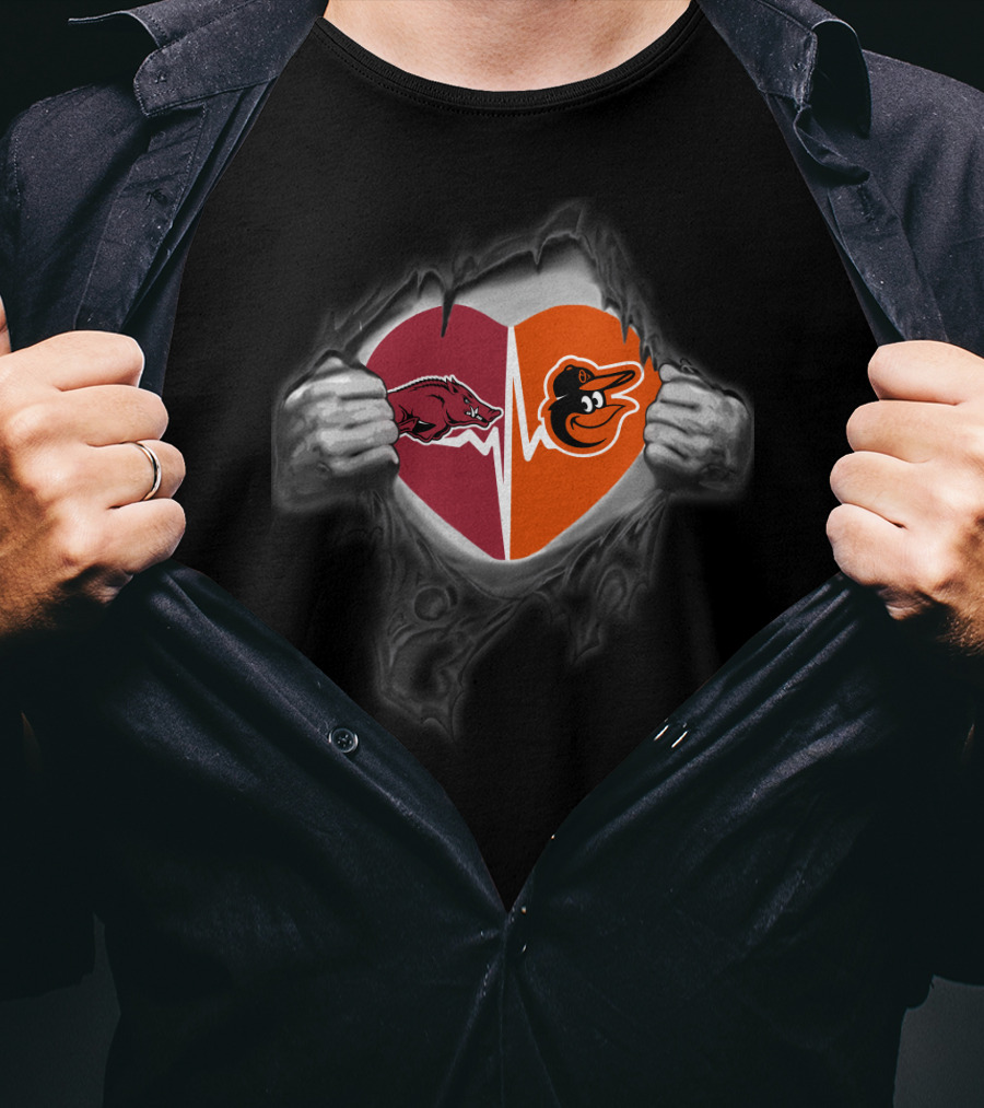 Arkansas Razorbacks Baltimore Orioles Heart Logos Pulled Open By Hands T-Shirt