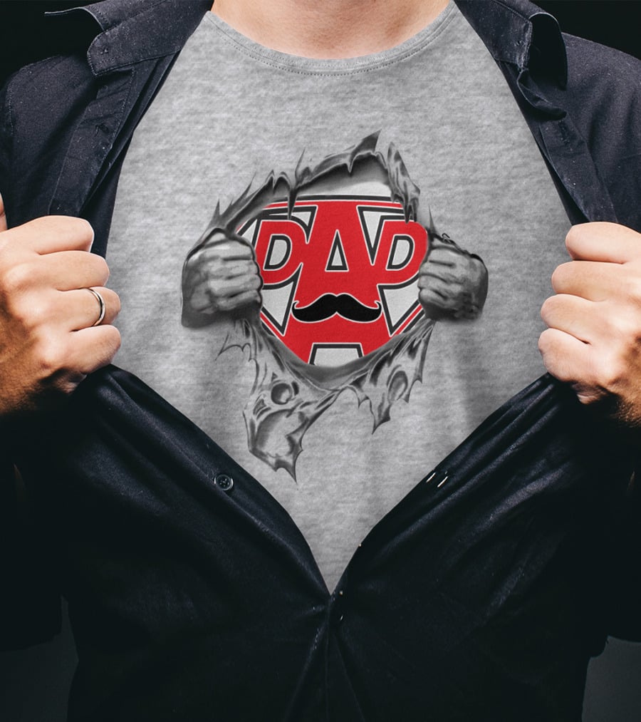 Super Dad Hero Shield With Mustache And Torn Fabric Effect T-Shirt
