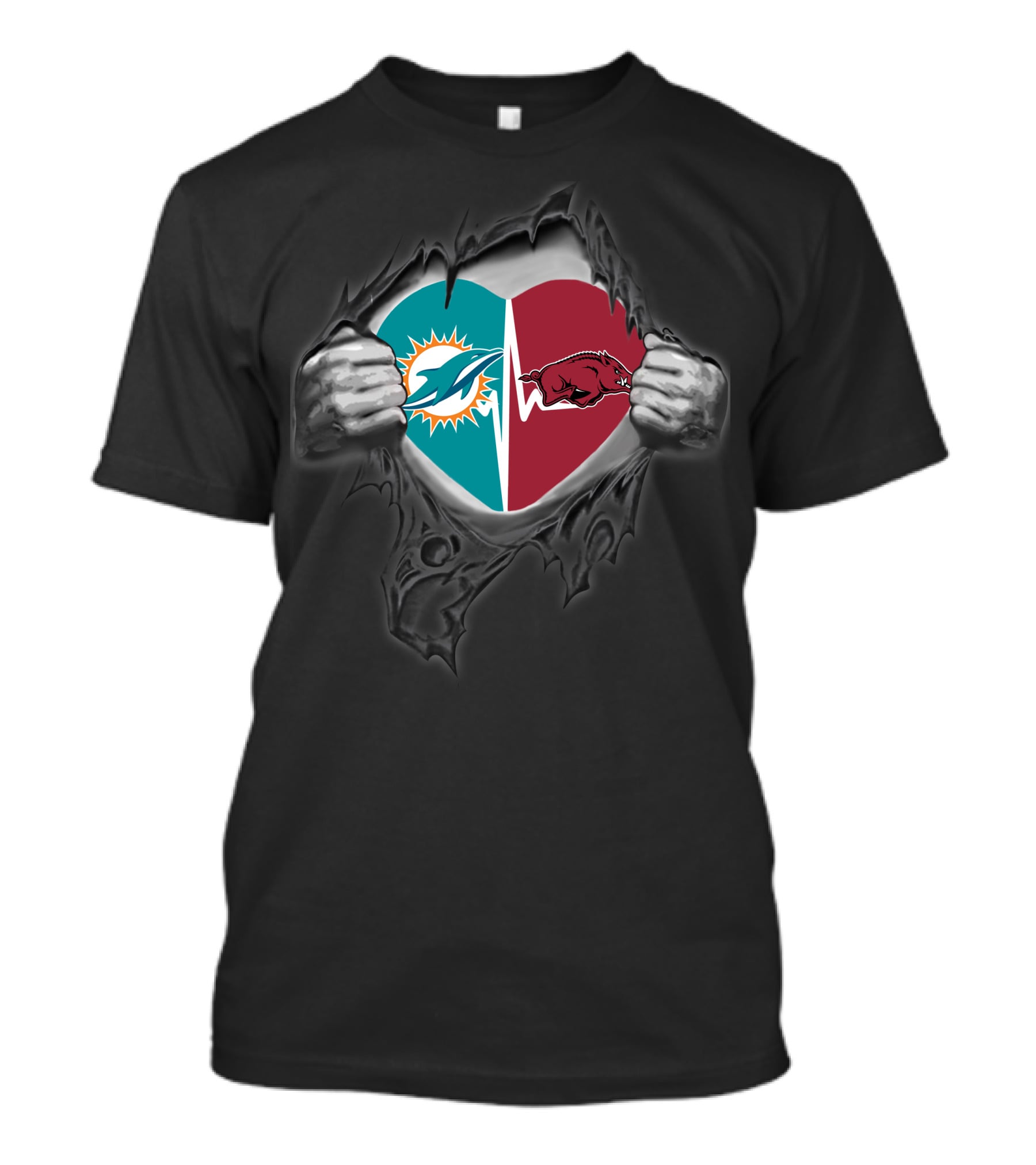 Miami Dolphins Arkansas Razorbacks Heart Ripped T-Shirt