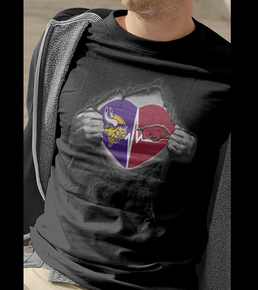Minnesota Vikings Arkansas Razorbacks Heart Rip Logo Fusion T-Shirt