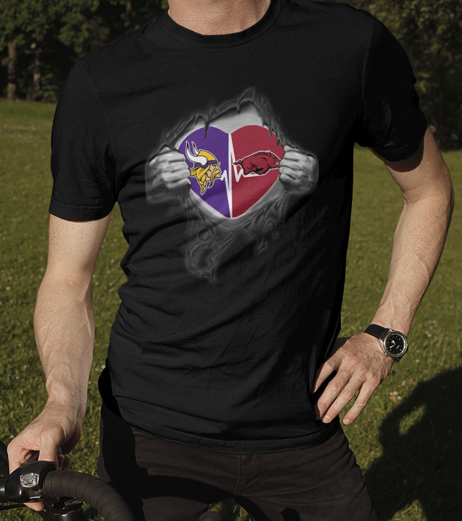 Minnesota Vikings Arkansas Razorbacks Heart Rip Logo Fusion T-Shirt