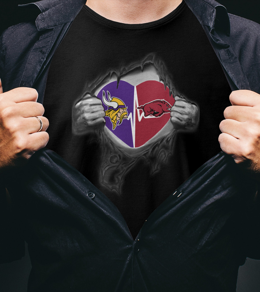 Minnesota Vikings Arkansas Razorbacks Heart Rip Logo Fusion T-Shirt