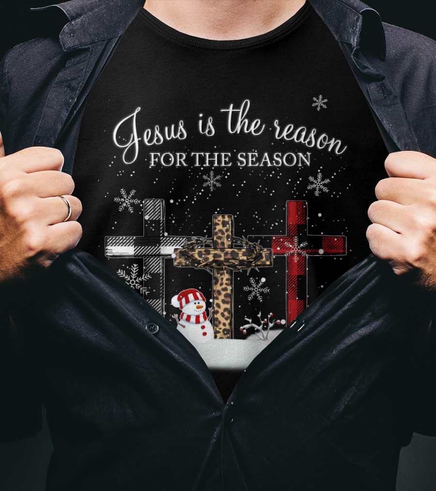 Jesus Is The Reason For The Season Snowman Crosses And Snowflakes T-Shirt
