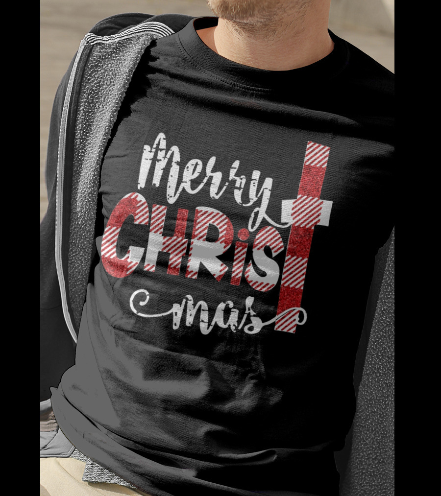 Merry Christ Mas Striped Cross Red Glitter T-Shirt