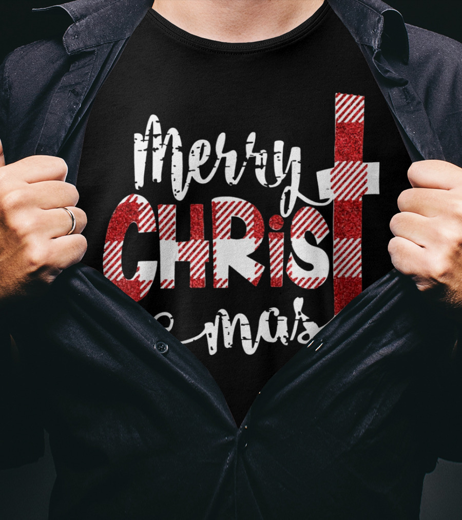 Merry Christ Mas Striped Cross Red Glitter T-Shirt