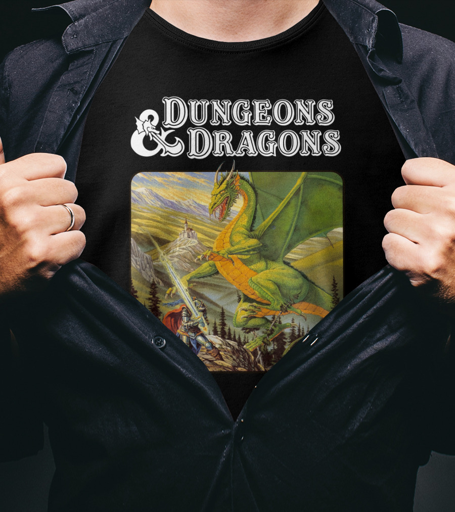 Dungeons And Dragons Knight Battling Green Dragon Scene T-Shirt