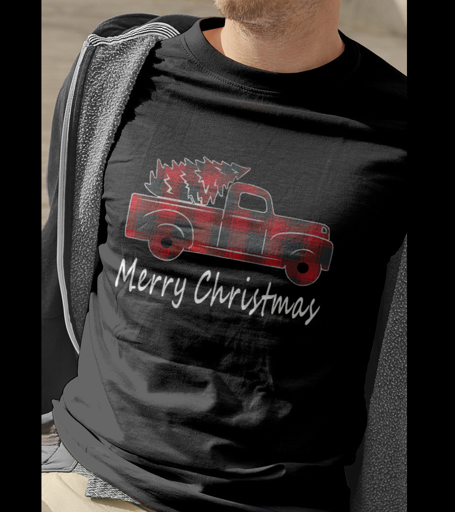 Buffalo Plaid Merry Christmas Red Truck And Tree T-Shirt