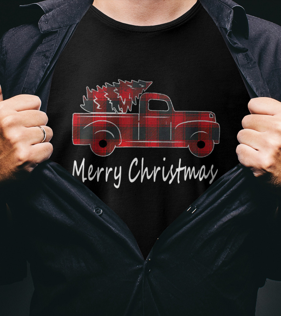 Buffalo Plaid Merry Christmas Red Truck And Tree T-Shirt